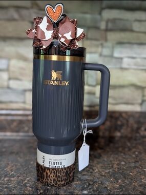 Stanley Dark Charcoal Tumbler with Gold Accents and Leopard Sleeve